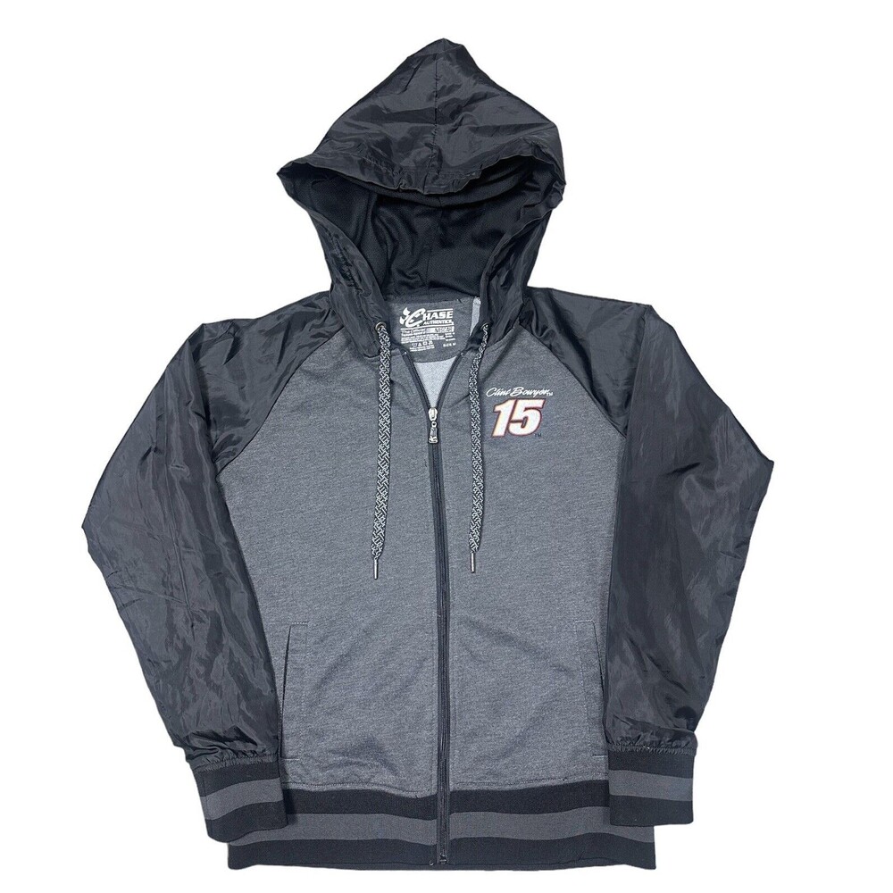 Chase Authentics Clint Bowyer Nascar Racing Jacket Medium Coat Hooded Gray Zip